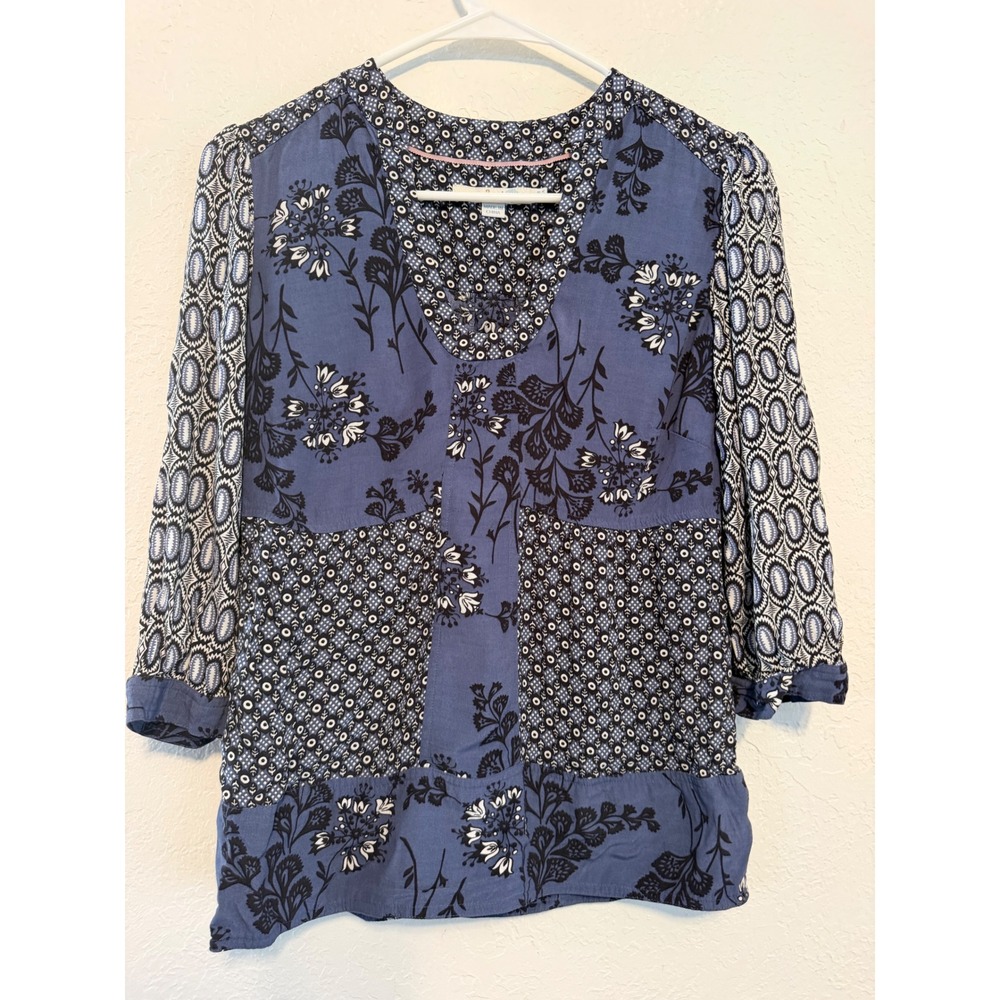 Boden Mixed Floral Geometric Print Blouse Blue Black Viscose WA742 US 4